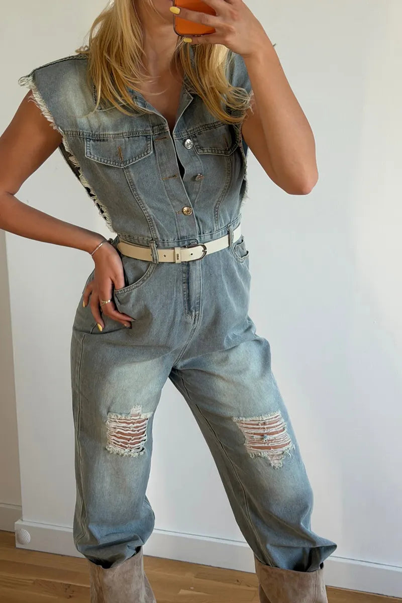 Women's Button-Front Denim Jumpsuit with Frayed Cap Sleeves & Belted Waist