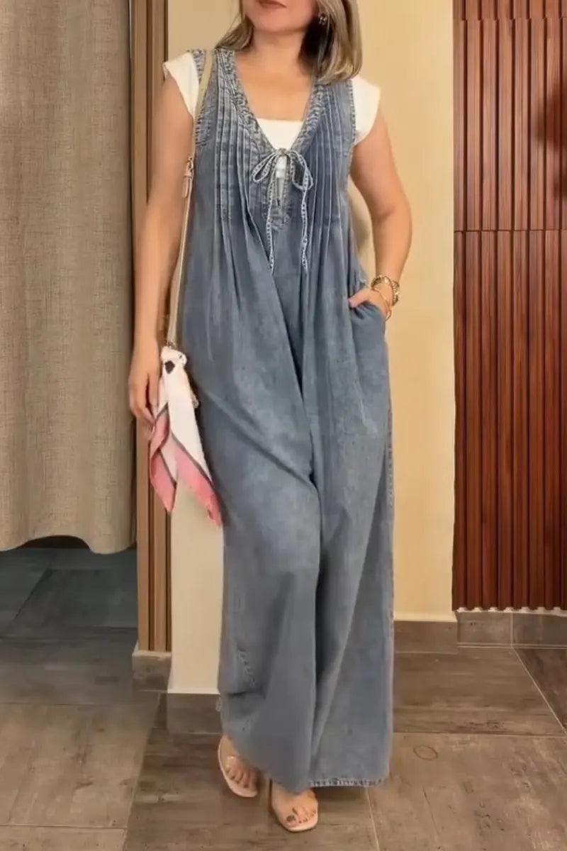 Women's V-neck Wash Water Casual Denim Jumpsuit