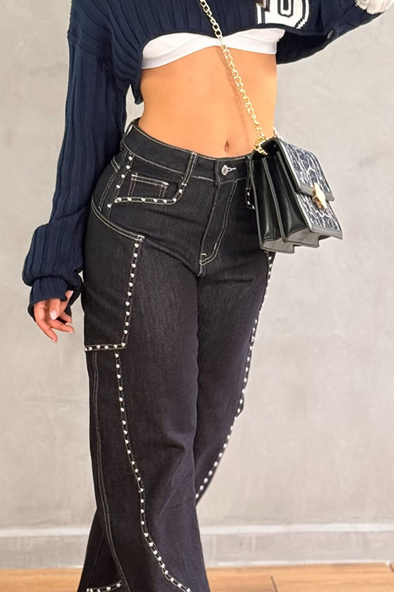 Women's Fashion Oversized Pocket Rivet Decoration Straight Jeans