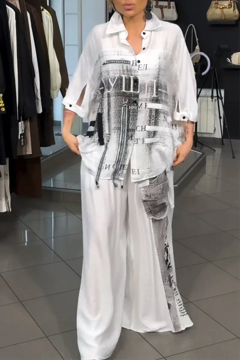 Women Collar Printed Shirt + Wide Leg Pants Loose Casual Suit