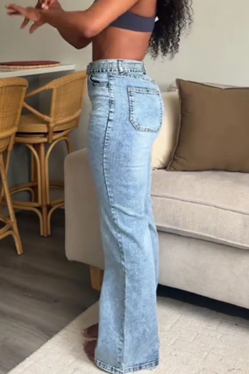Women's Casual Rhinestone Belt Wide Leg Jeans