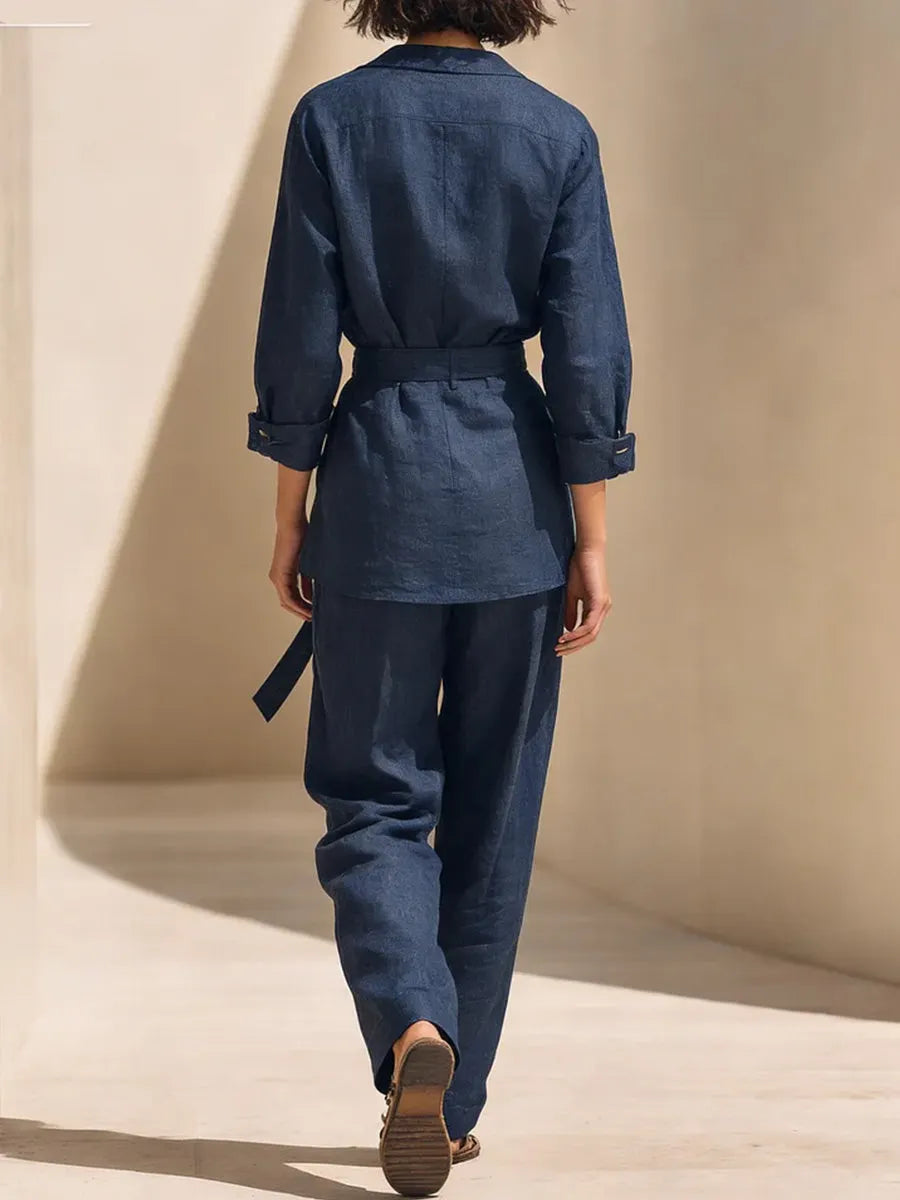 Women's Casual Denim Set: Loose-fit Long-sleeve V-neck Top & High-waisted Wide-leg Pants