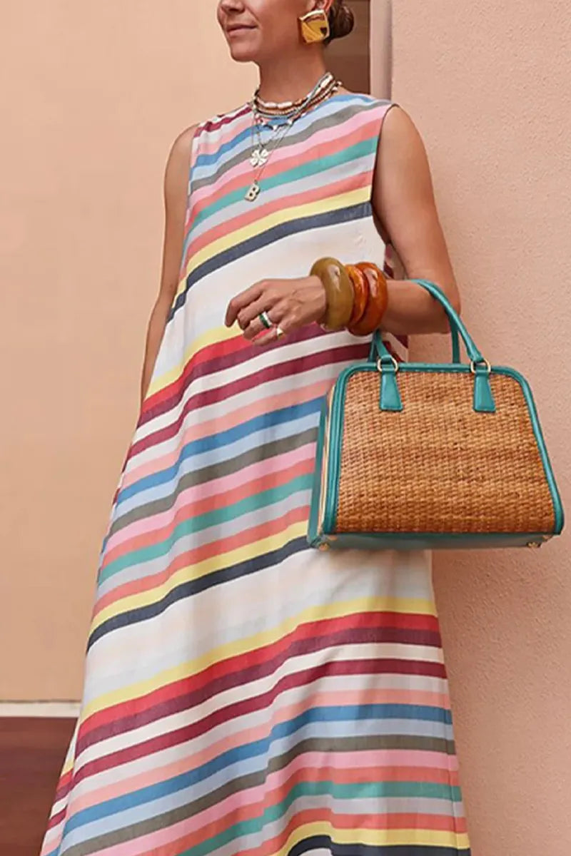Women Summer Rainbow Stripe Sleeveless Crew Neck Loose Linen Maxi Dress