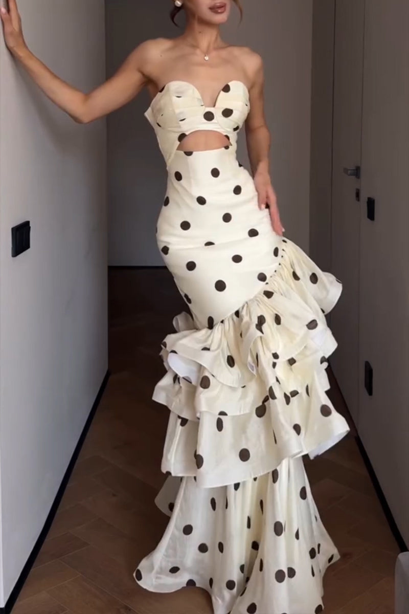 Women's Elegant Tiered Hem Polka Dot Strapless Maxi Dress