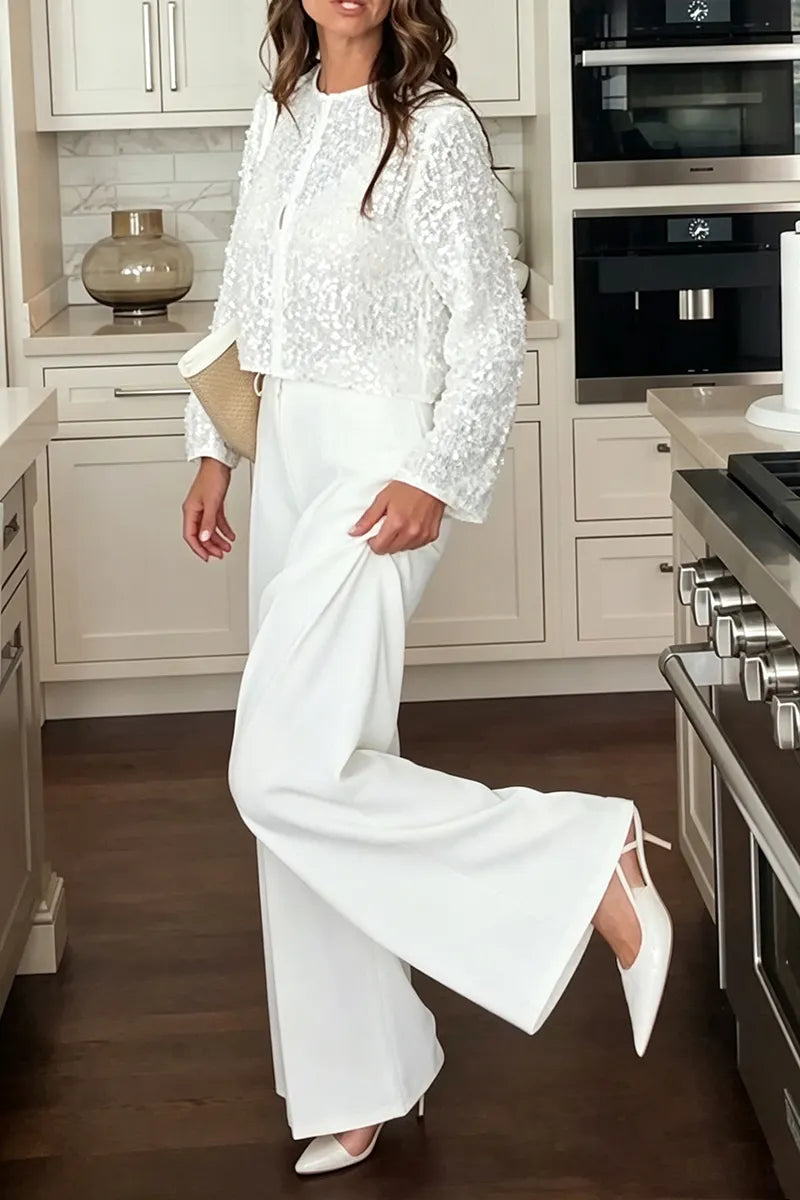 Women's Fashion Sequins Sheer Short Jacket or Suit Pants