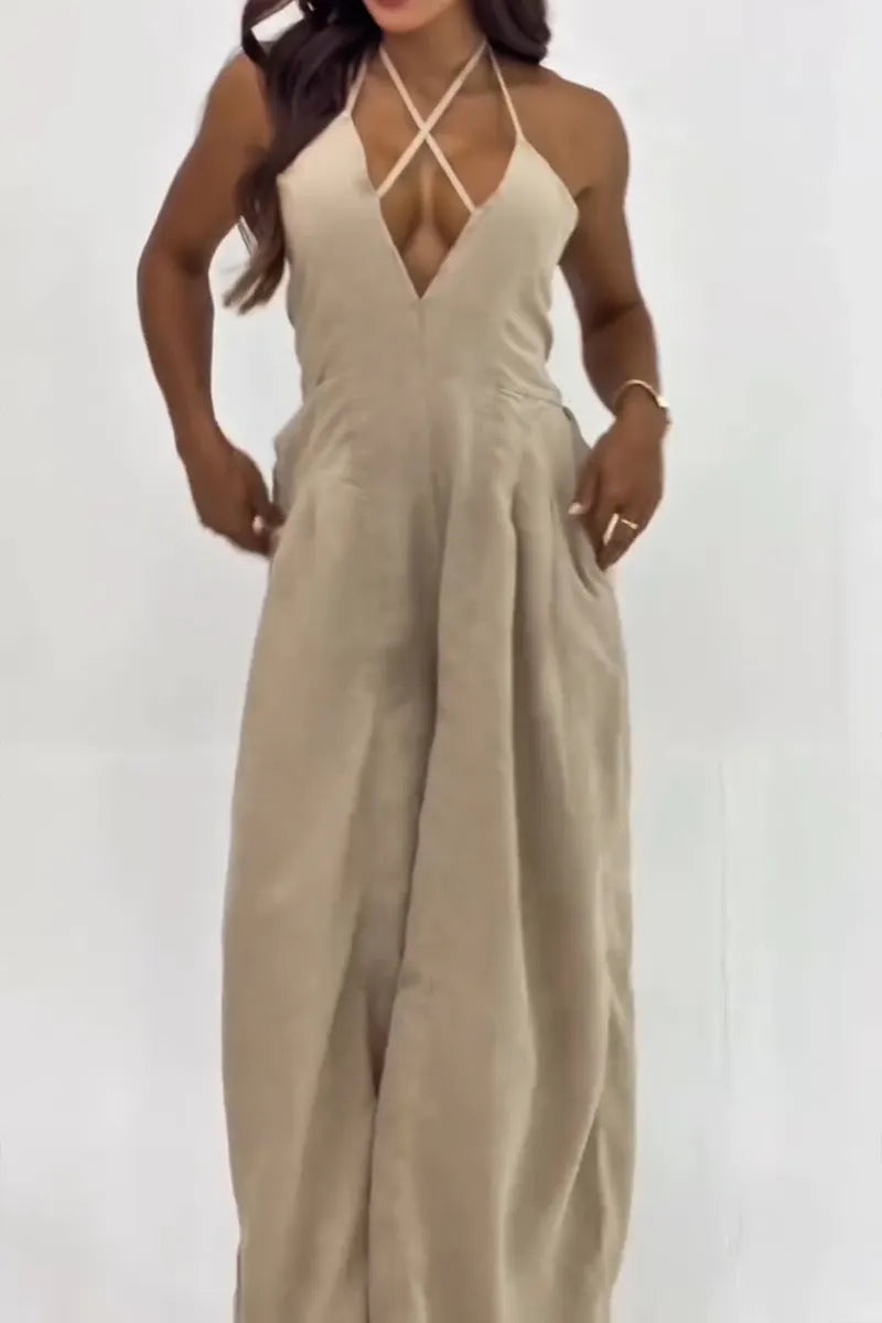 Women's Deep V Neck Distressed-Wash Denim Jumpsuit