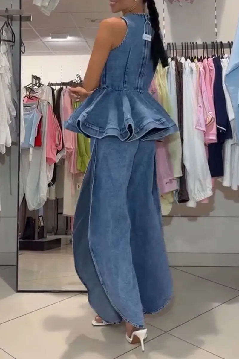 Women's Elegant Ruffle Hem Denim Vest or Curved Cut Slit Jeans