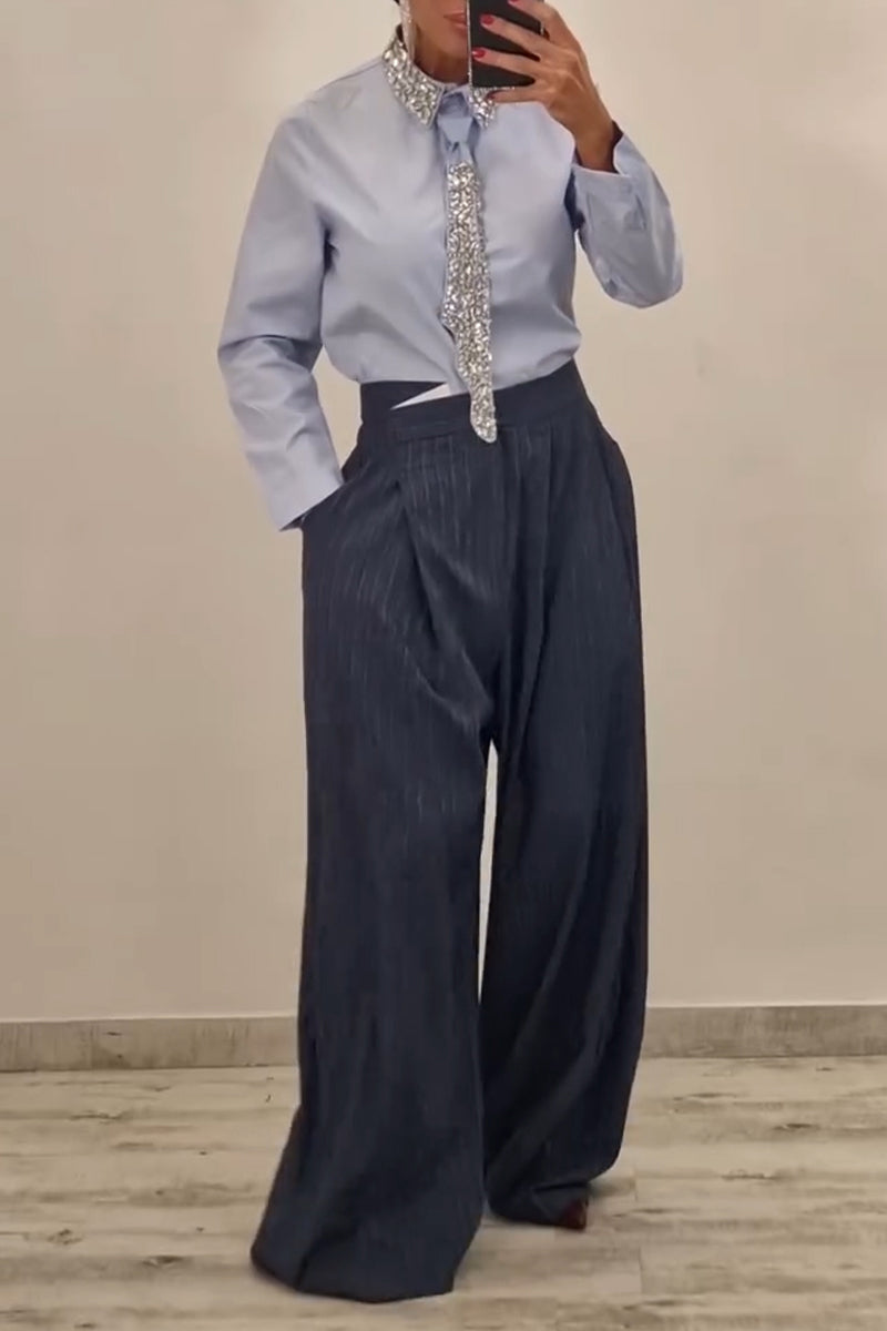 Women's Fashion Rhinestone Neckline Shirt with Belt or Stripe Suit Pants