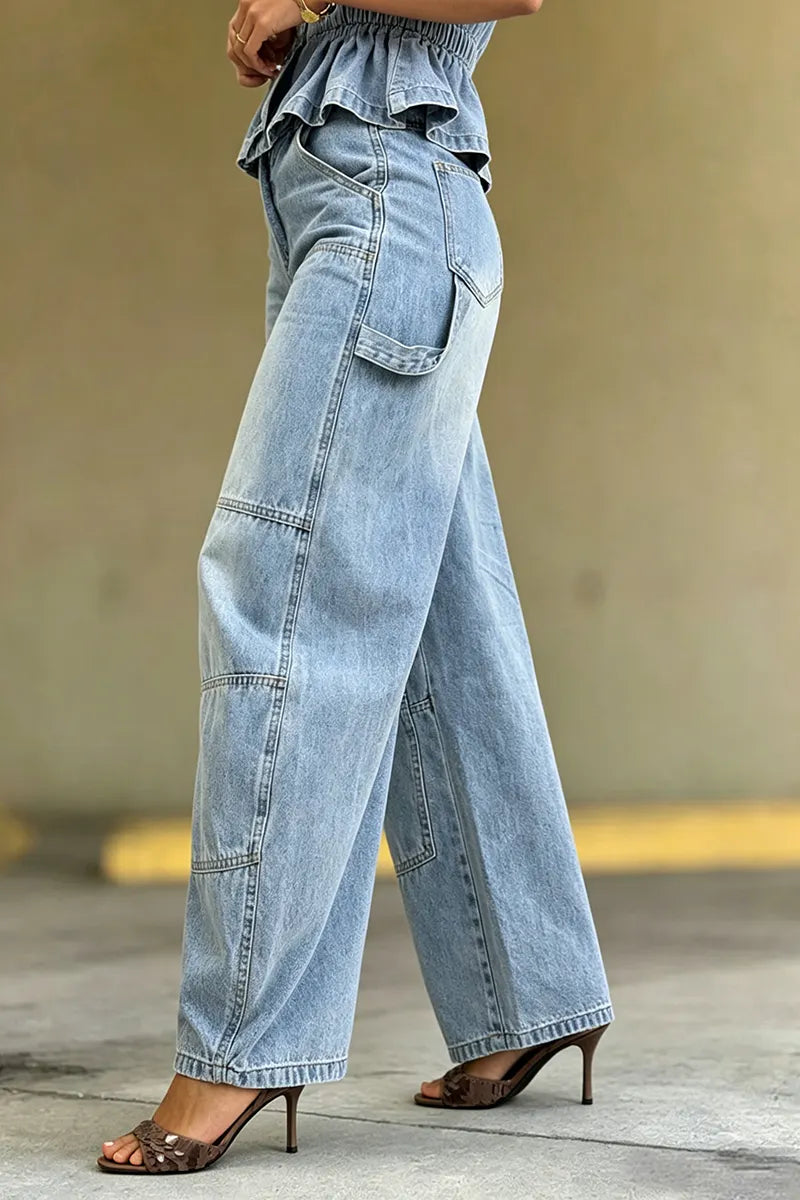 Women's Casual Wide Shoulder Denim Vest or Barrel Jeans