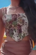 Women's Printed Sleeveless Irregular Hem Vacation Top Or Slit Leather Mini Skirt