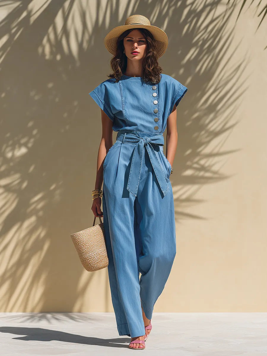 Trendy Vacation Sleeveless Top And Wide-leg Pants Denim Set