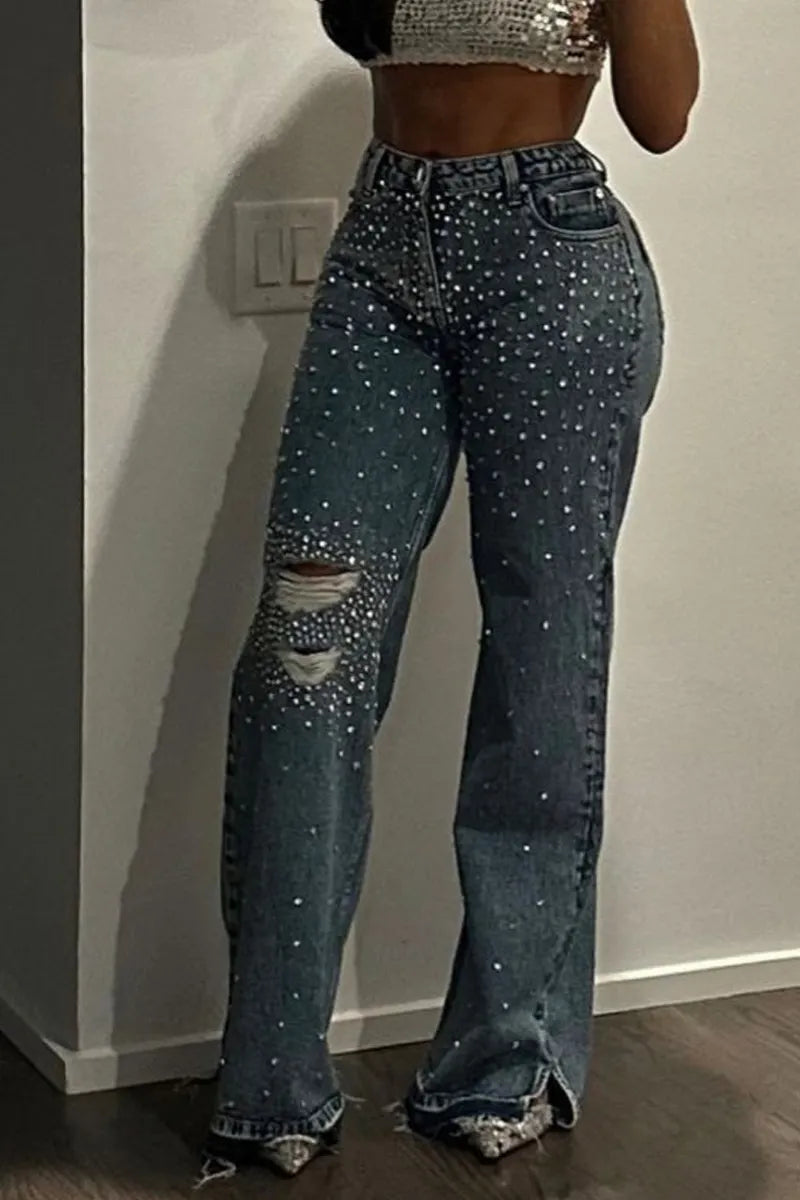 Ladies' Hot Selling Casual Rhinestone Flared Jeans