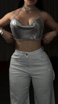 Women Neck Hanging Shiny Top+ Rhinestone Pants Sexy Casual Suit
