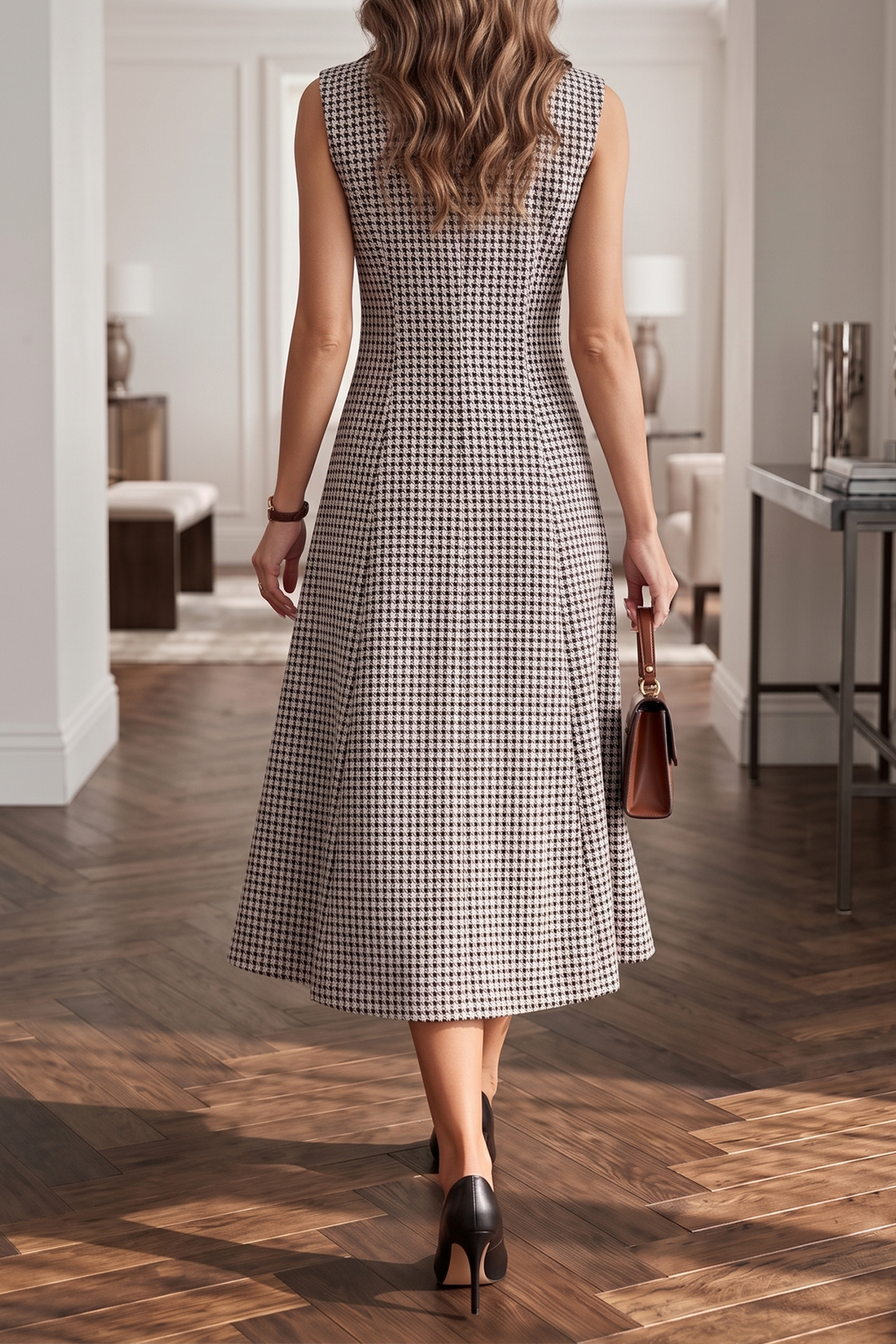 Women's Houndstooth Sleeveless Blazer Dress Double Breasted Notch Lapel Belted Look Vintage Elegant Work Office Swing Midi Dress