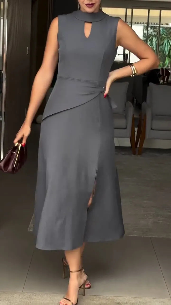 Women Round Neck Sleeveless Hollow Out Splicing Elegant Temperament Dress