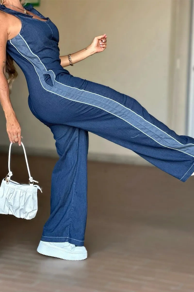 Women's V-Neck Denim Jumpsuit with Side White Stripe Detail