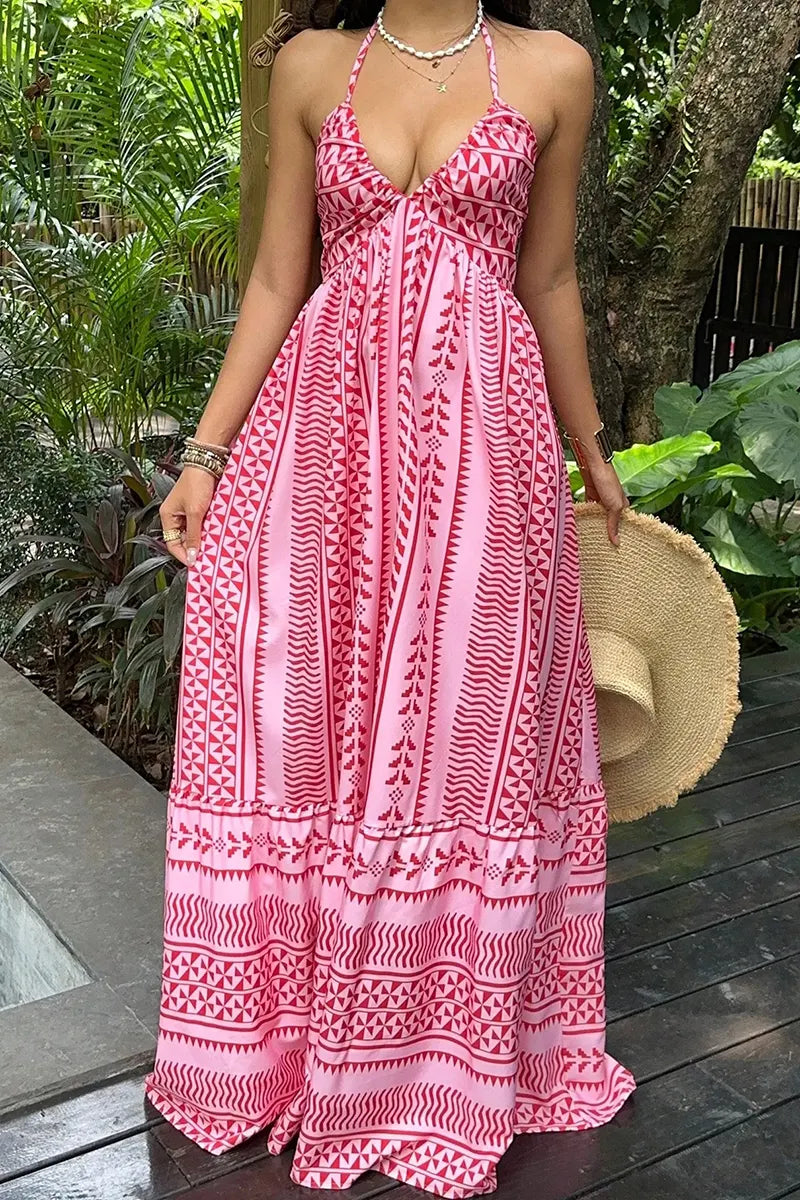 Women's Casual Halter Pattern Print Maxi Dress