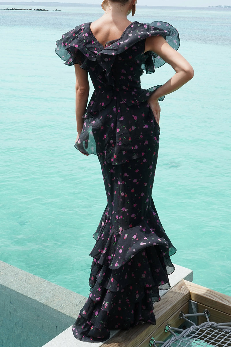 Women's Elegant Vacation Print Tiered Ruffle Hem Maxi Dress