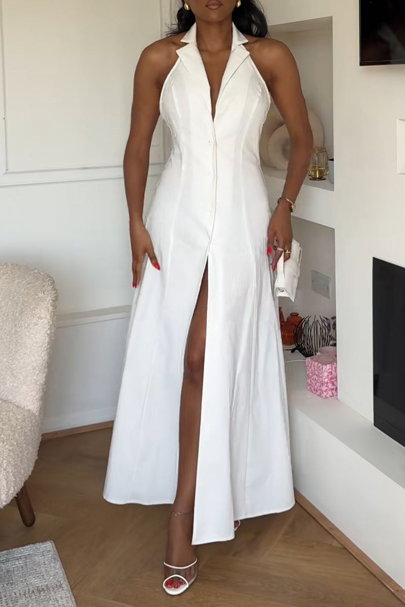 Women's Casual Lapel Backless Button Maxi Dress