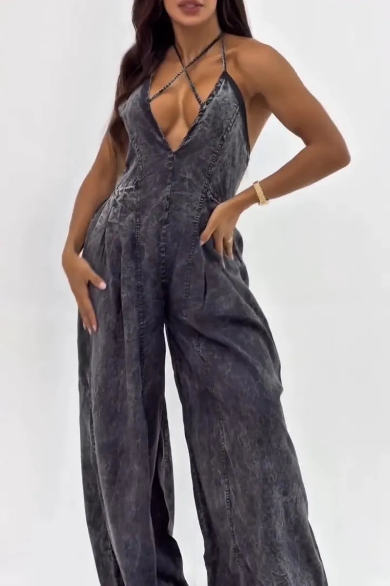 Women's Deep V Neck Distressed-Wash Denim Jumpsuit