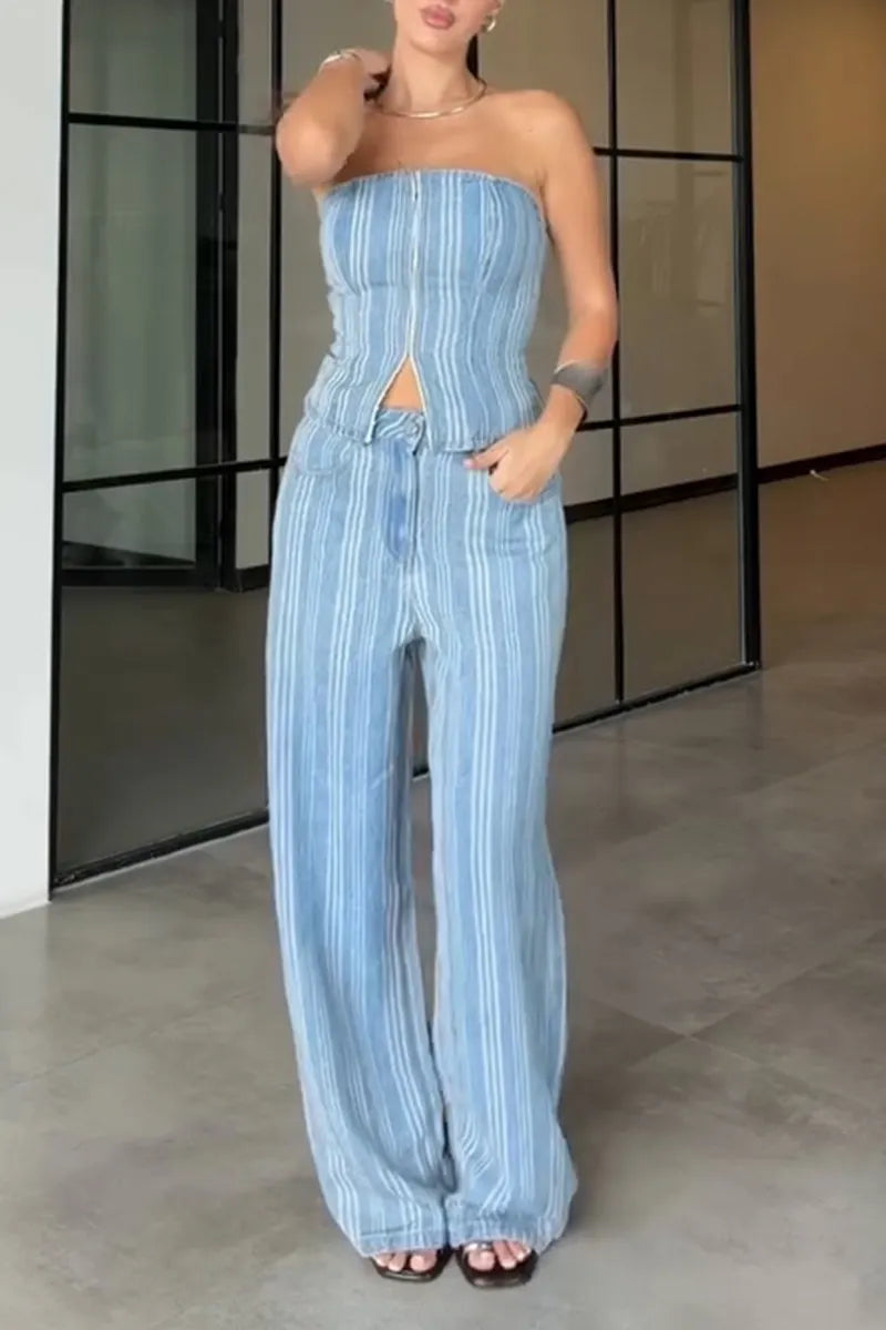 Women's Casual Stripe Denim Bustier or Jeans