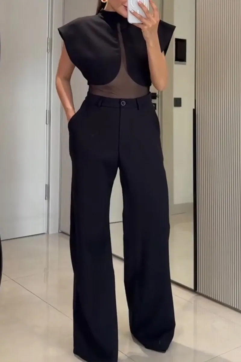 Women's Fashion Mesh Patchwork Wide Shoulder Vest Pants Two-Piece Set