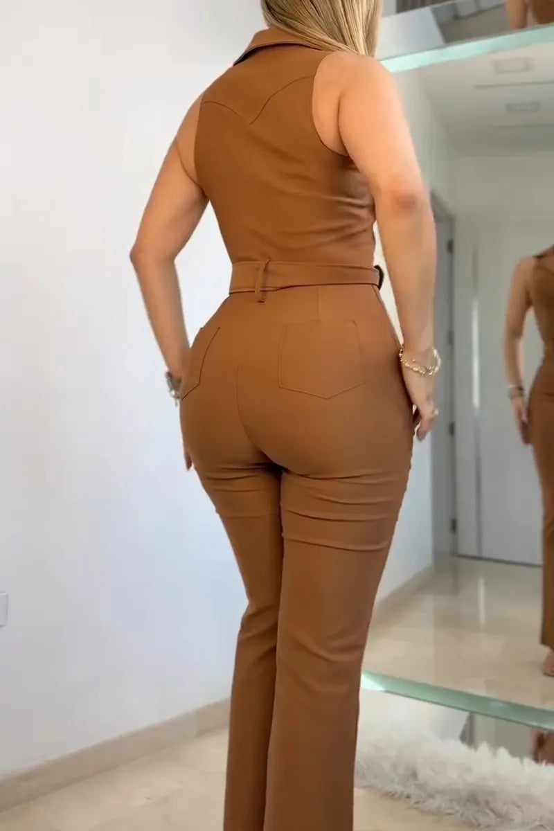 Women's Casual Lapel Zipper Jumpsuit with Belt