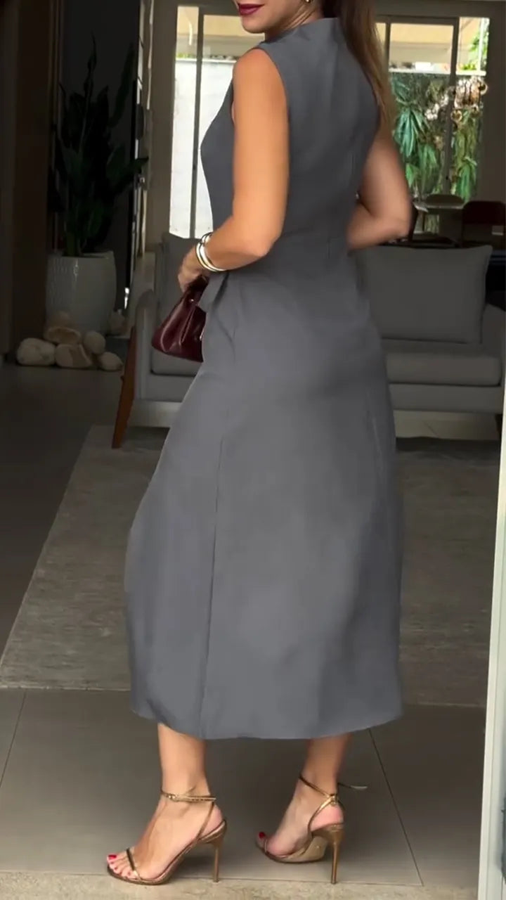 Women Round Neck Sleeveless Hollow Out Splicing Elegant Temperament Dress