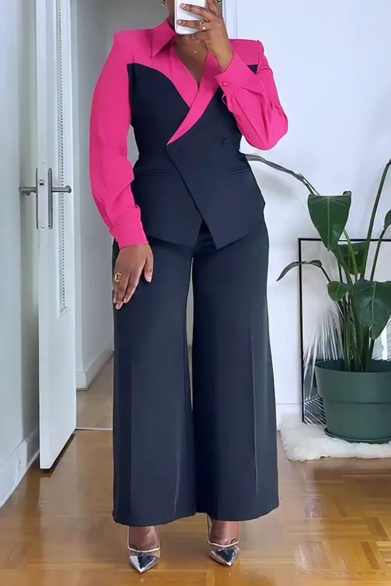 Women Collar Color Clash Blazer+ Wide Leg Pants Temperament Commuting Formal Suit