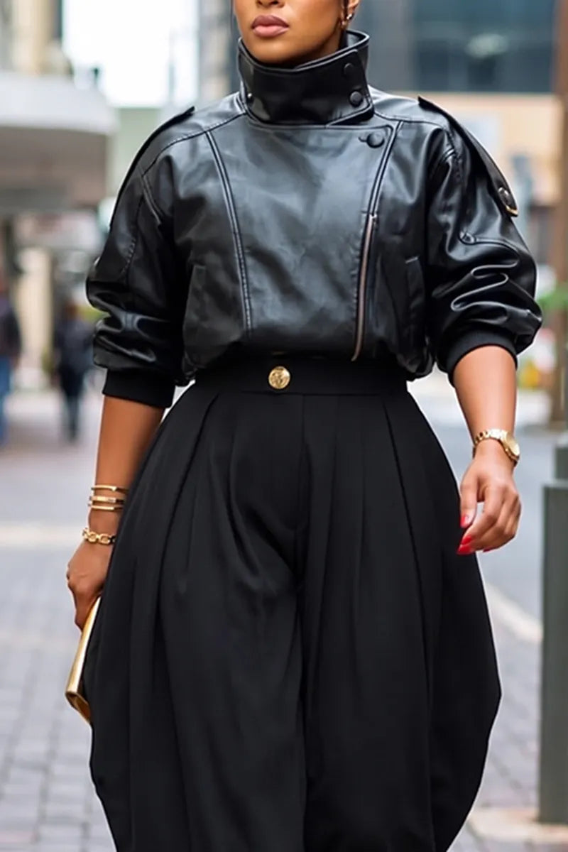 Women's Street Fashion Short Leather Jacket or Pleated Curved Pants