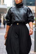 Women's Street Fashion Short Leather Jacket or Pleated Curved Pants
