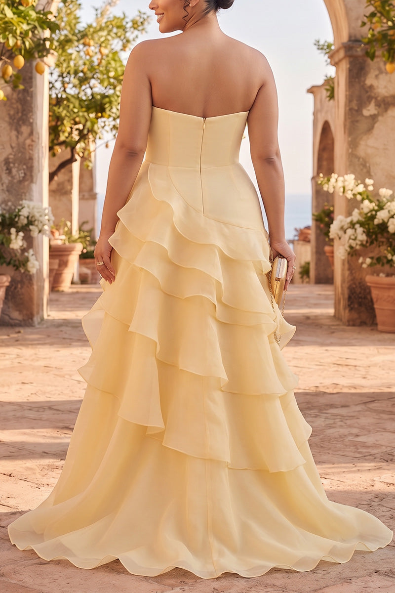 Women's A-Line Sweetheart Neck Chiffon Ruffle Solid Yellow Maxi Dress