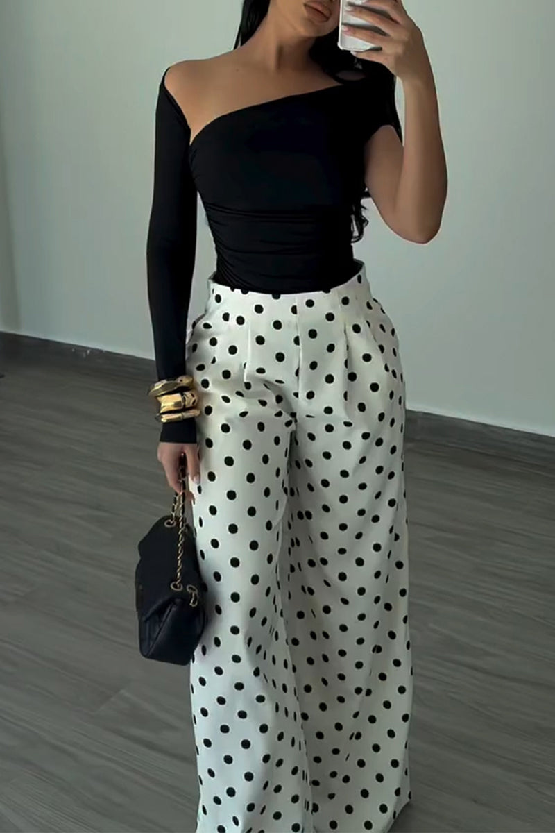 Women's Casual Asymmetric One-Sleeve Top or Polka Dot Wide Leg Pants