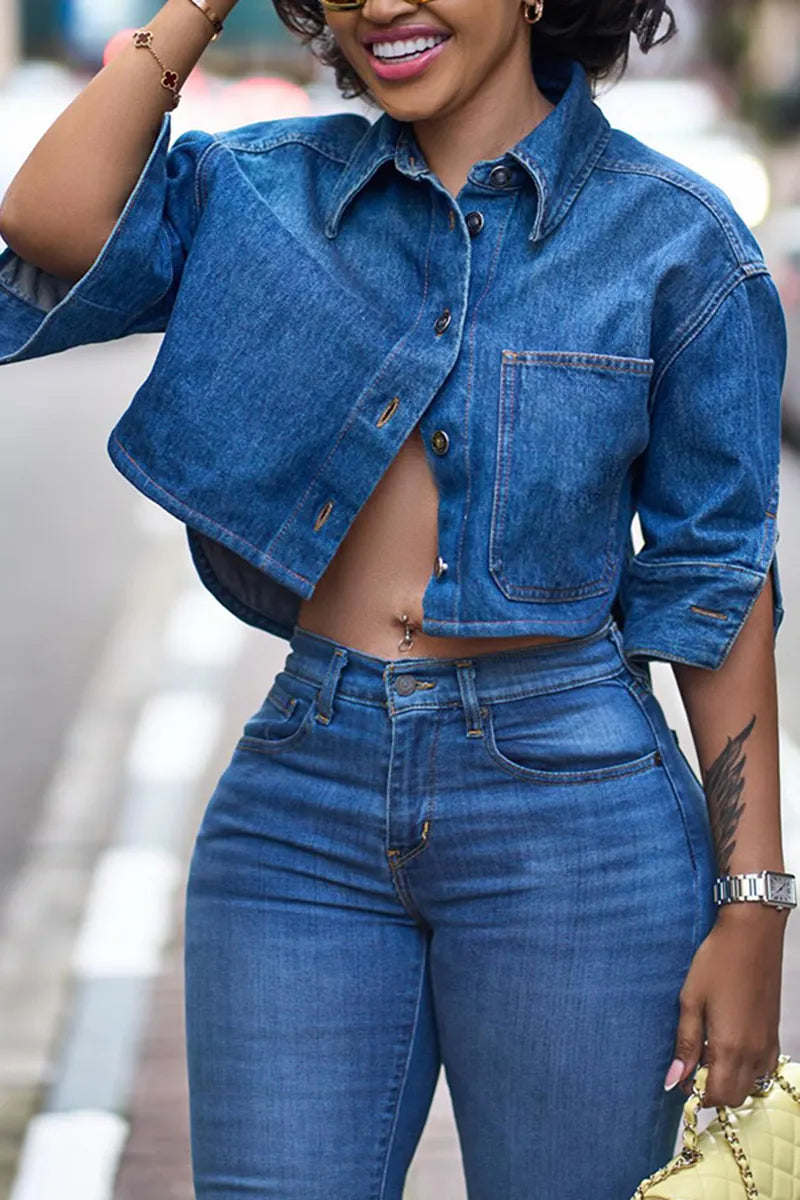 Women's Casual Cropped Denim Shirt or Slim Fit Jeans
