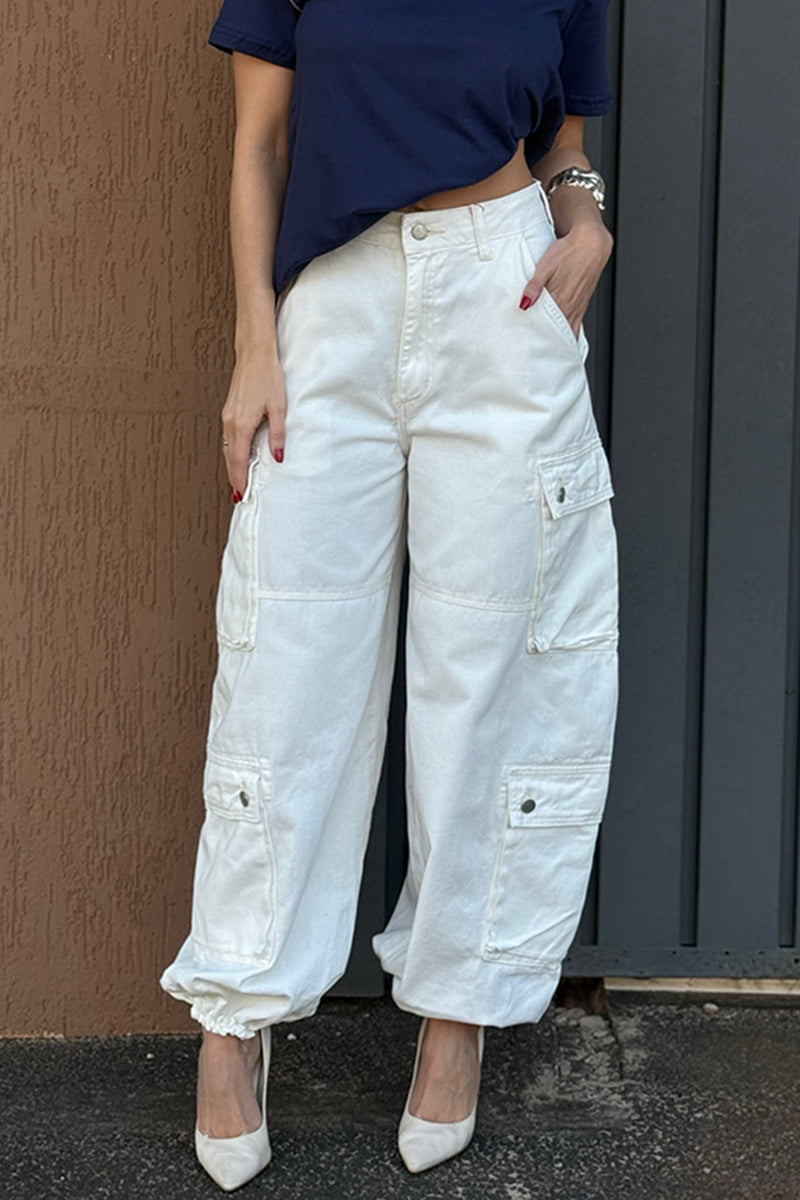 Women's Utility Pocket Solid Cinched-Hem Casual Denim Cargo Pants