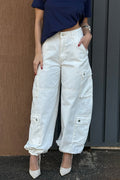 Women's Utility Pocket Solid Cinched-Hem Casual Denim Cargo Pants