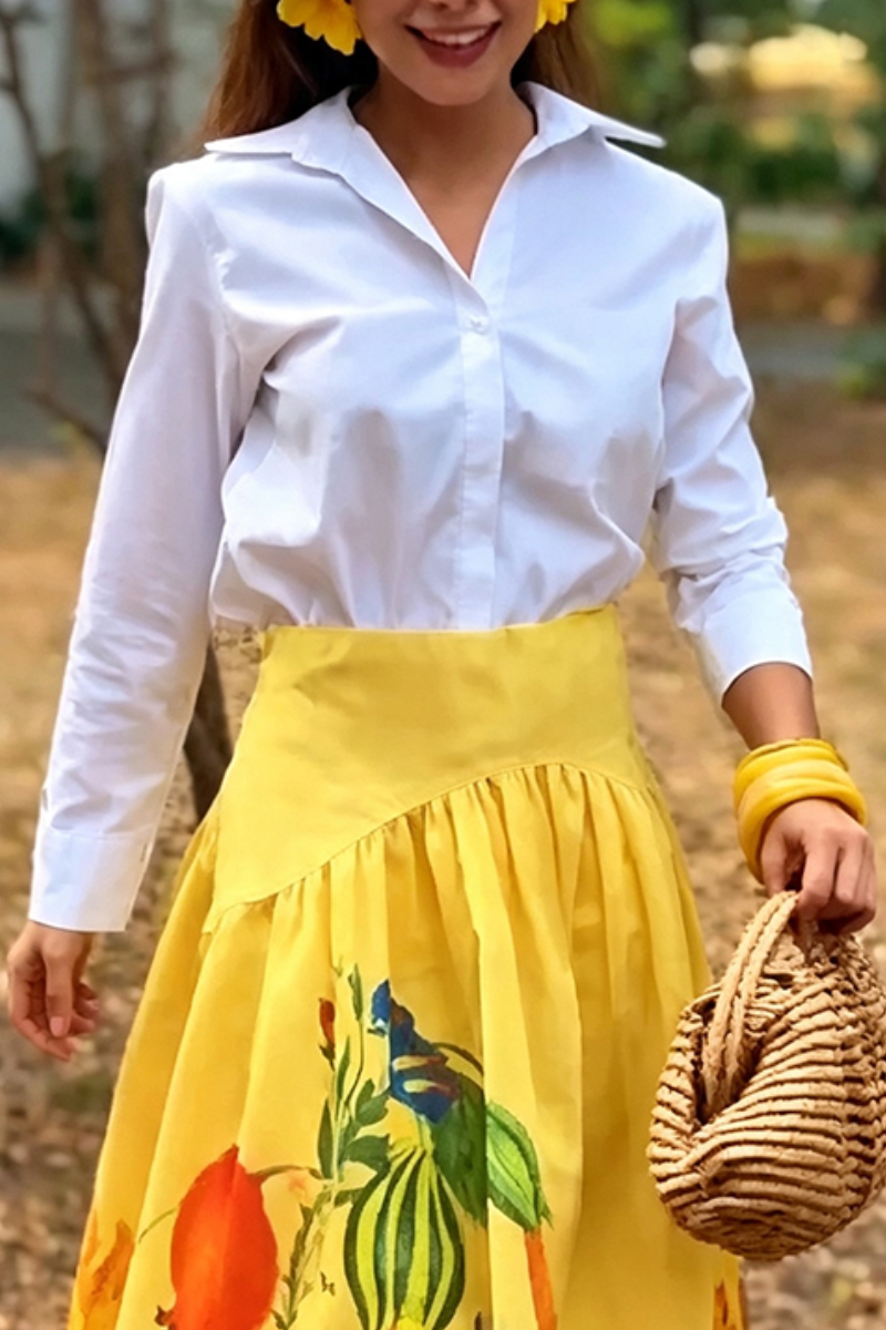 Women's Elegant Casual Collar Shirt or Printed Patchwork Skirt