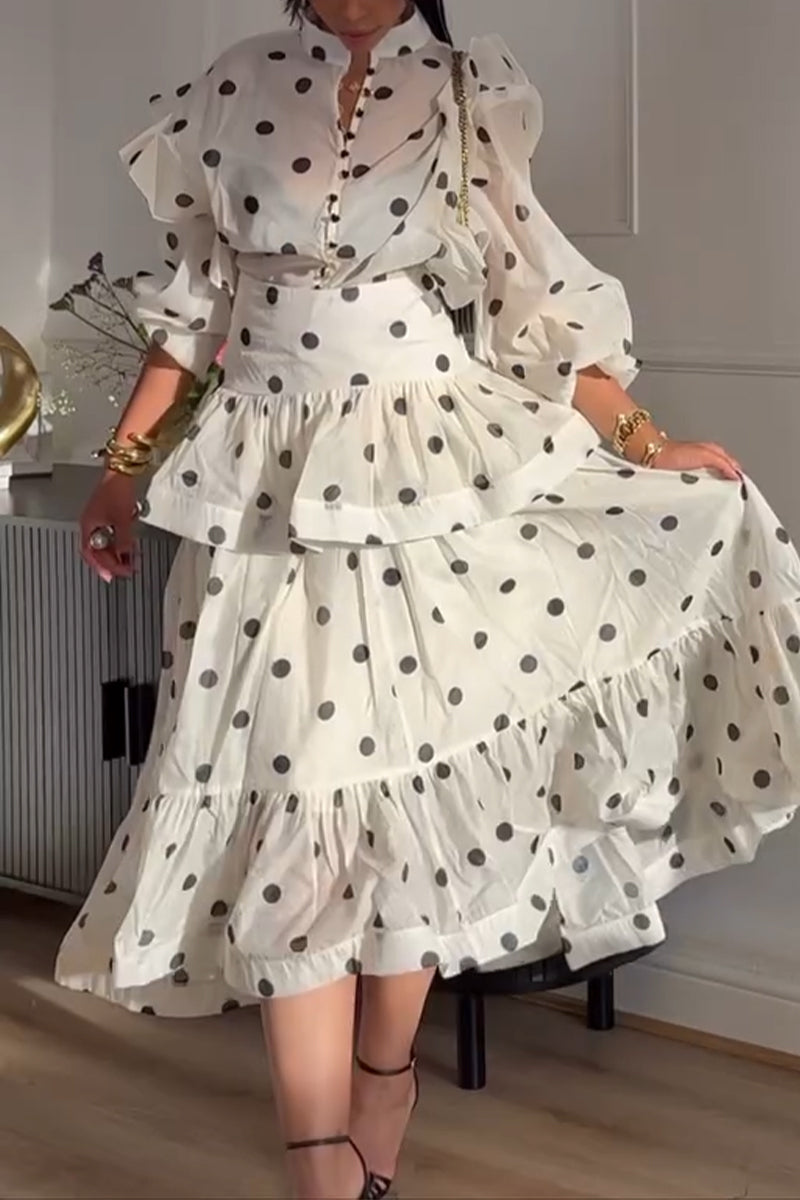 Elegant and Casual Round Neck Polka Dot Printed Top or Patchwork Skirt for Women