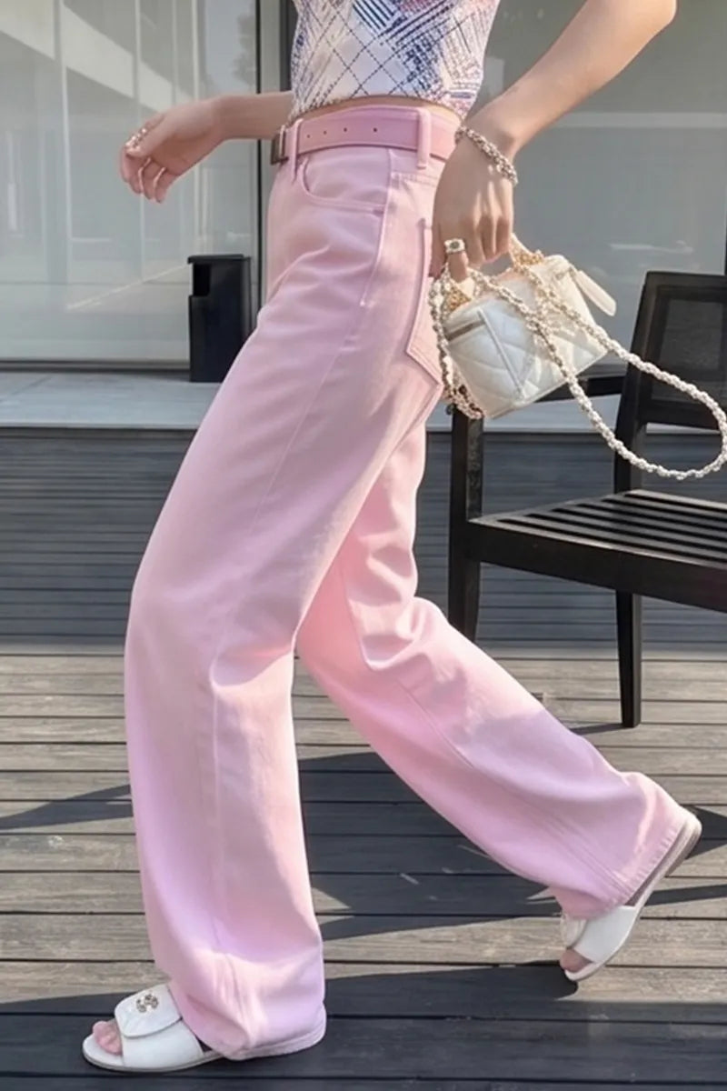 Women's Casual Pink Wide Leg Jeans(Belts Not For Sale)