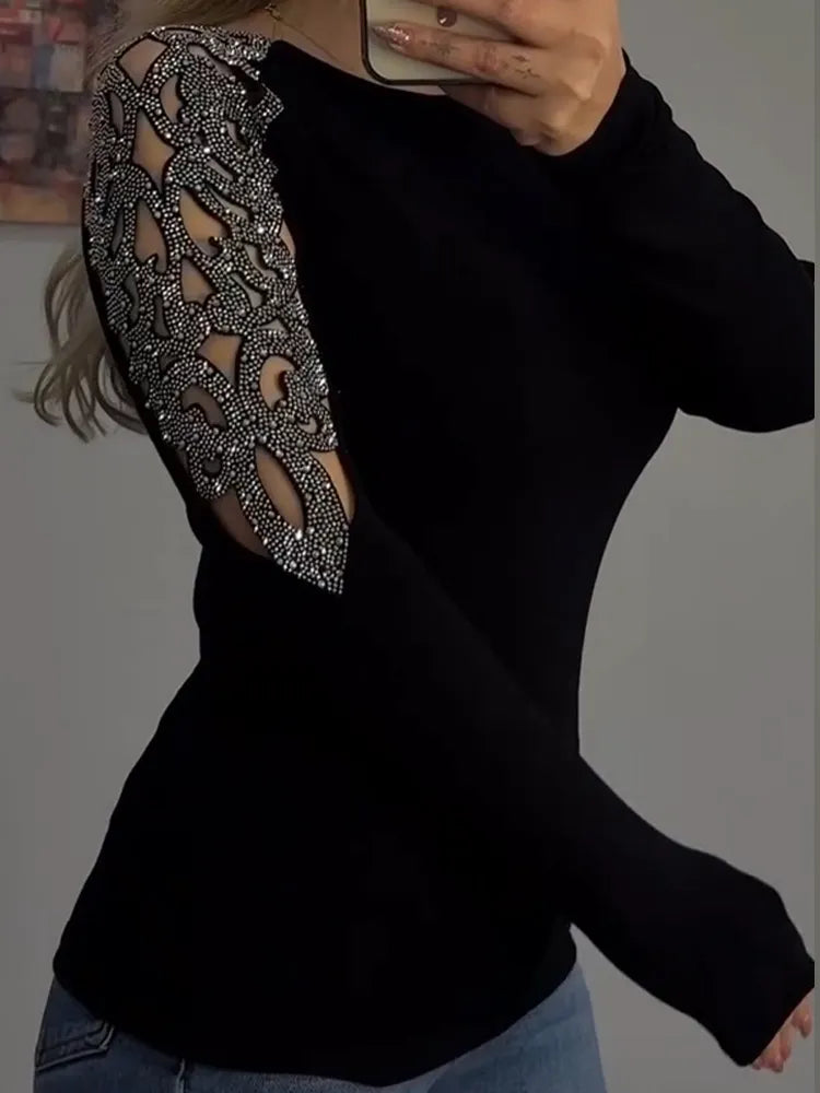 Women Round Neck Sleeves Hollowed Out Hot Stamping Rhinestone Casual Top