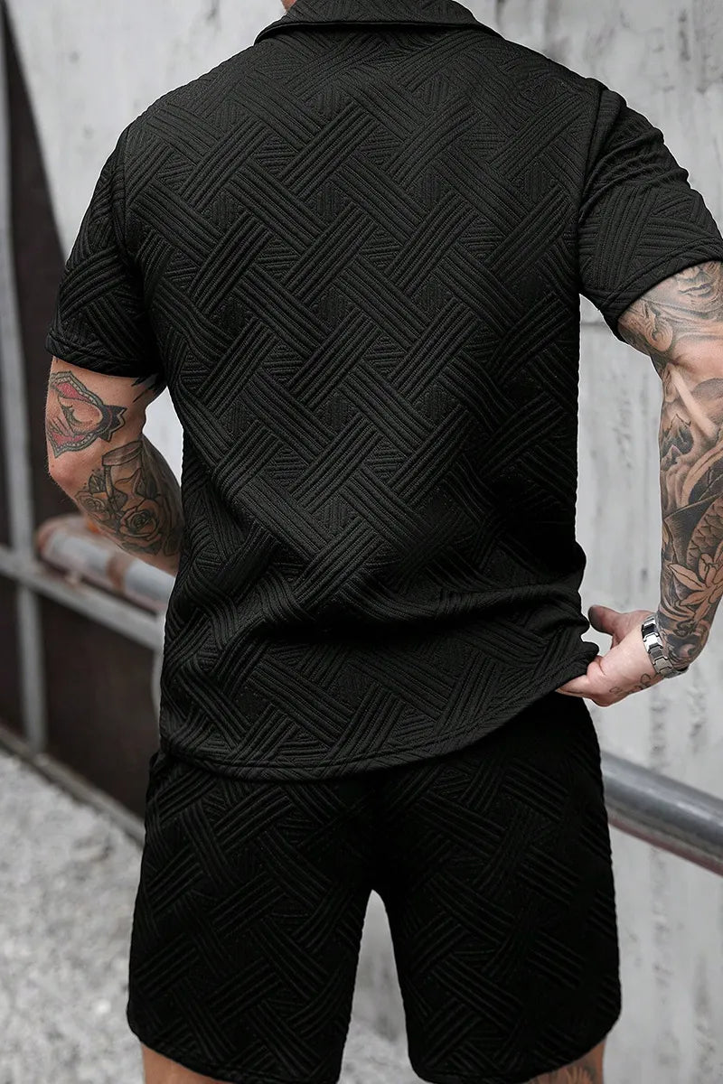 Men's Summer Casual Lapel Collar Full Zip Vertical Seam Detail Short Sleeve Shirt Or Elastic Drawstring Waist Vertical Stitch Side Pocket Casual Shorts