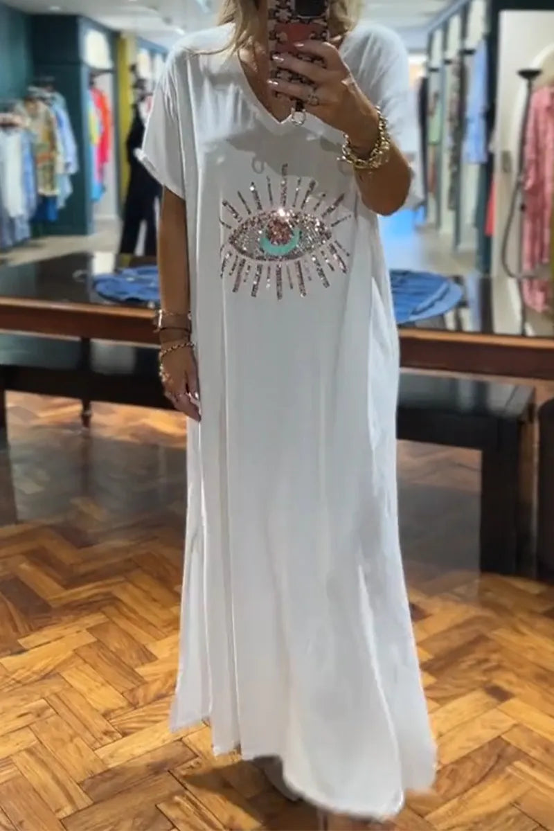 Women's V-neck Sequin Pattern Loose Casual Dress