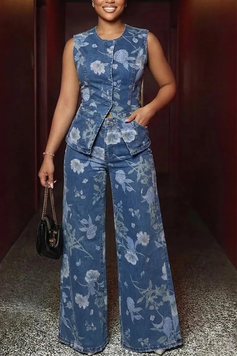 Women's Casual Printed Button Front Denim Vest or Wide Leg Jeans