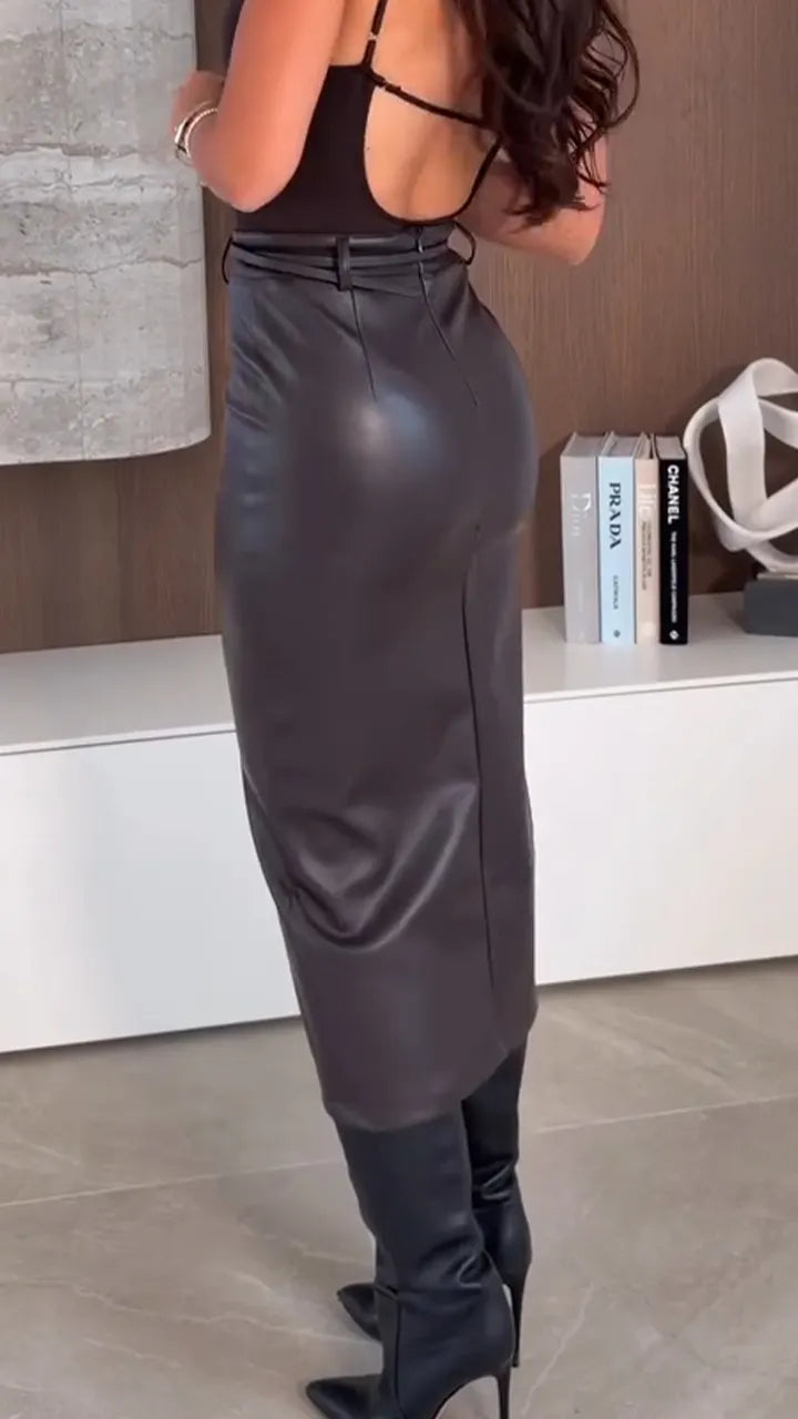 Women Split Temperament Casual Leather Skirt