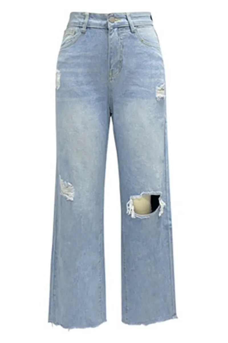 Women's Casual Ripped Washed Raw Wide Leg Jeans