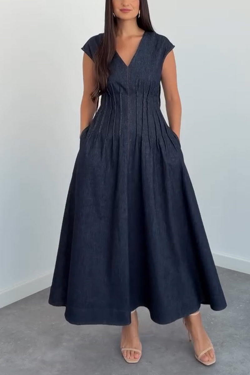 Women's V-neck Waist Cinched Elegant Casual Denim Dress