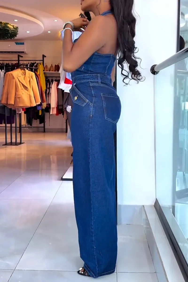 Women's Casual Summer Halter Button Front Backless Denim Jumpsuit