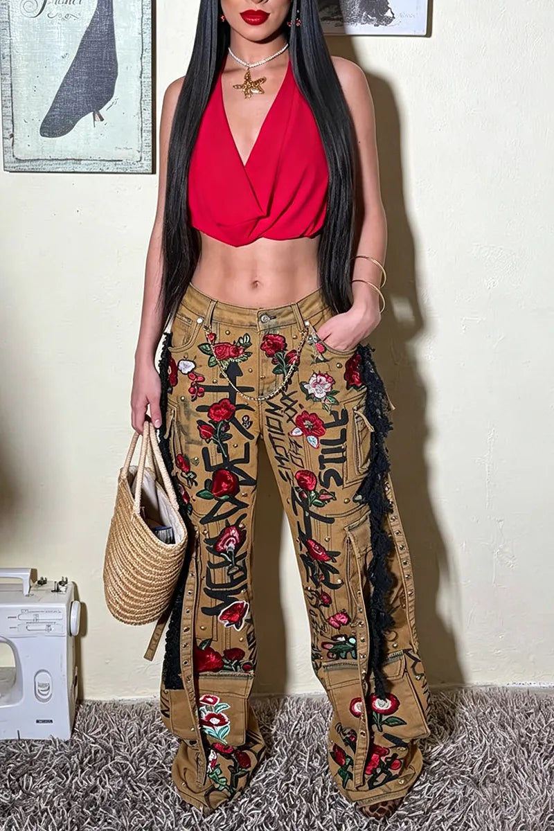 Women's Fashion Embroidered Letter Print Cargo Jeans