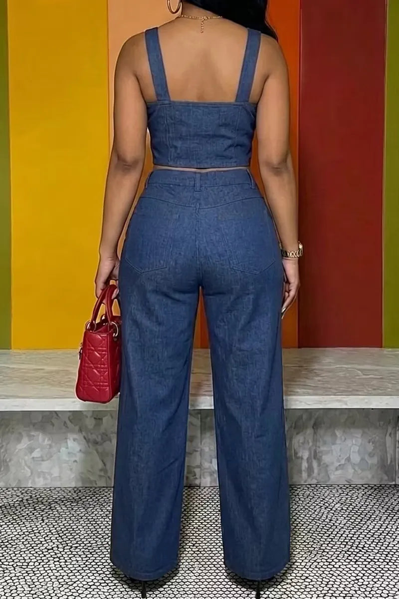 Women's Casual Beaded Short Denim Vest Top Or Beaded Wide Leg Jeans