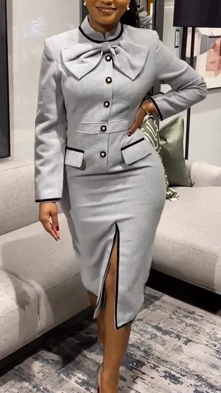 Women Round Neck Long Sleeved Patchwork Slit Style Commuting Midi Dresses